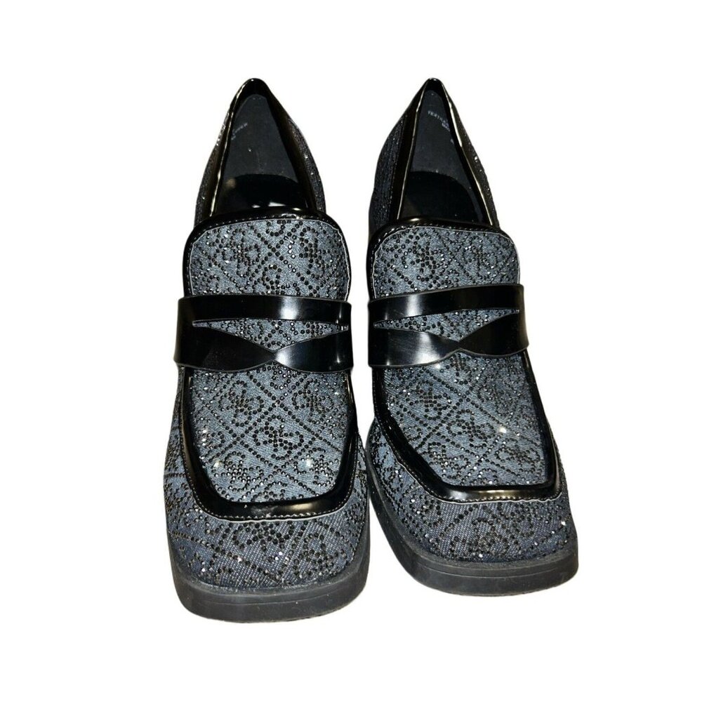 Women's Black Sparkly Guess Marcelle Block Stacked Heeled Loafers Sz 9